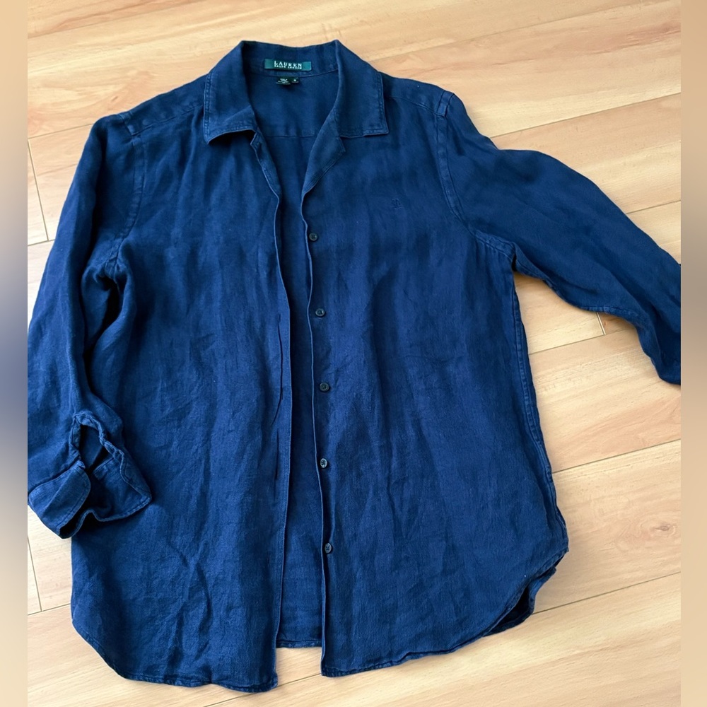 Lauren Ralph Lauren Navy 100% Linen Button Up Top, Size Medium